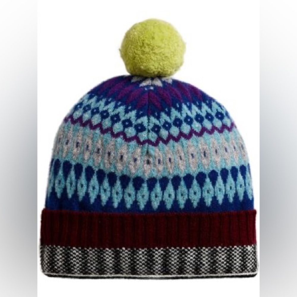 NWT! Burberry Fair Isle Pom Pom Blue Beanie